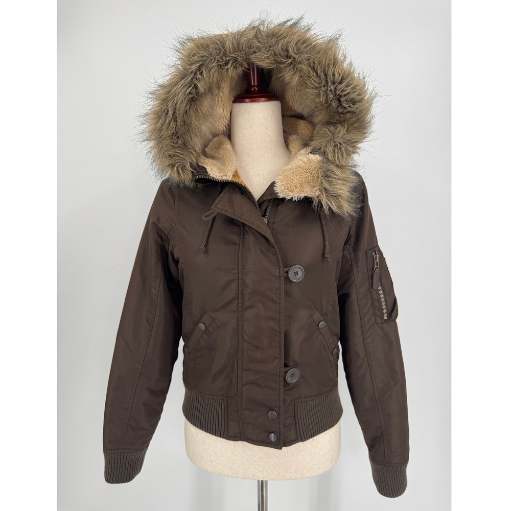 Vintage Y2K Faux Fur Hooded Bomber Jacket Women Size XS Brown Split Hood Puffer